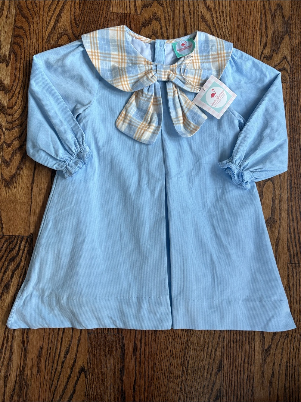 New with tag The Smocked Flamingo Blue and Orange Plaid Corduroy Dress, size 3T